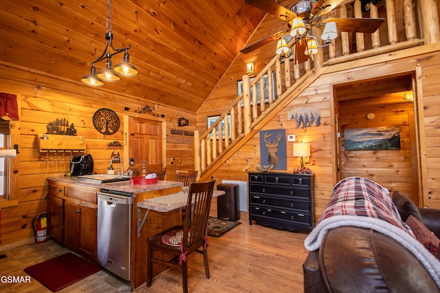 dining space featuring lofted ceiling, ceiling fan, light hardwood / wood-style floors, wooden ceiling, and wood walls