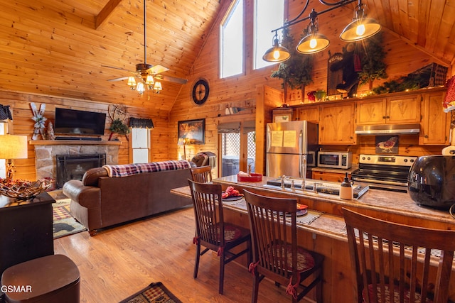 interior space featuring a stone fireplace, wooden walls, lofted ceiling, wood ceiling, and light hardwood / wood-style flooring