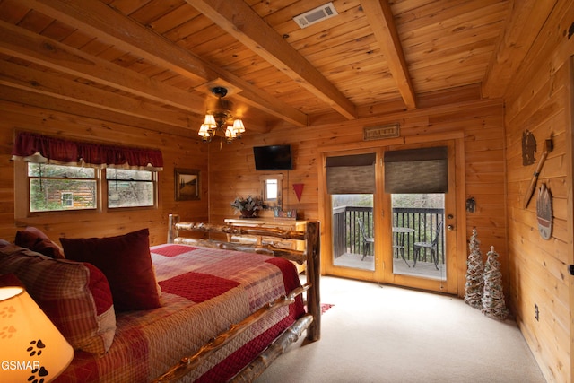 bedroom with beamed ceiling, carpet floors, wooden walls, and wood ceiling