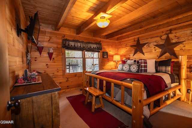 carpeted bedroom featuring beamed ceiling, wooden ceiling, and wood walls