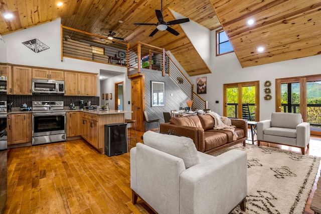 859 Pinnacle Vista Rd, Gatlinburg, TN 37738 - living area featuring high vaulted ceiling, wooden ceiling, hardwood / wood-style floors, a ceiling fan, and recessed lighting