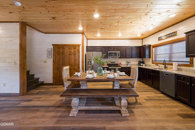 923 Osprey Way, Pigeon Forge, TN 37863 - dining space featuring wooden ceiling, light wood-style floors, stairs, and wooden walls