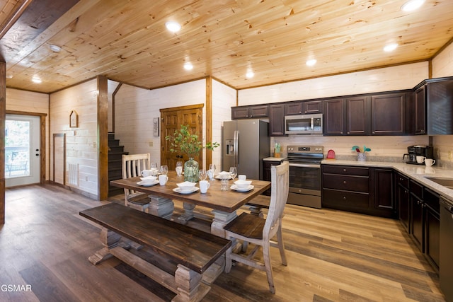 923 Osprey Way, Pigeon Forge, TN 37863 - dining room with wood ceiling, light wood-style flooring, stairway, and wooden walls