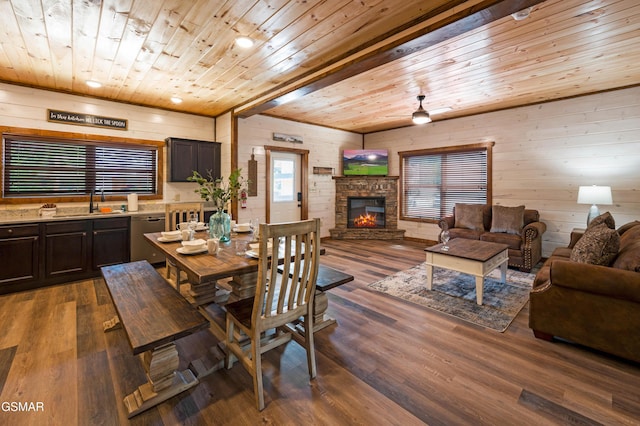 923 Osprey Way, Pigeon Forge, TN 37863 - dining space featuring wood ceiling, ceiling fan, a fireplace, wood finished floors, and wooden walls