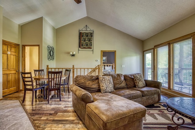 living room with a textured ceiling, lofted ceiling, and hardwood / wood-style flooring