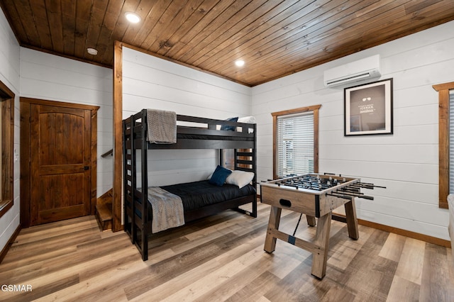 bedroom with a wall mounted AC, wooden ceiling, light wood-style flooring, and recessed lighting