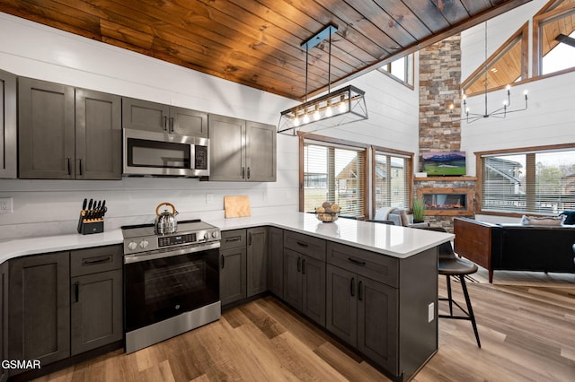 kitchen featuring stainless steel appliances, a peninsula, open floor plan, light countertops, and decorative light fixtures