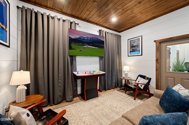 interior space with wooden ceiling and light wood-style floors