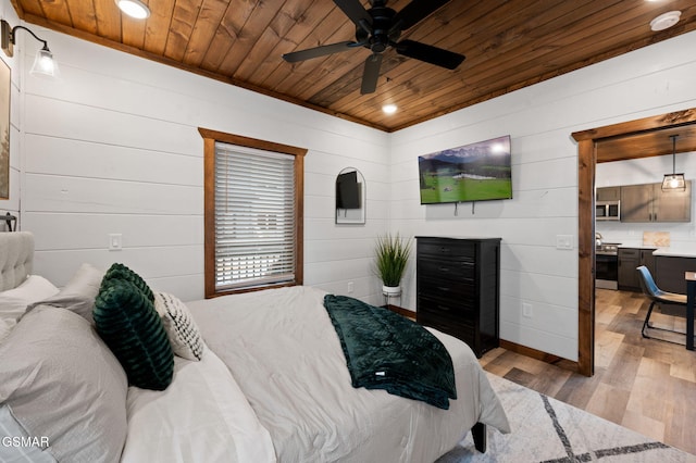 bedroom featuring a ceiling fan, light wood-type flooring, wooden ceiling, and recessed lighting