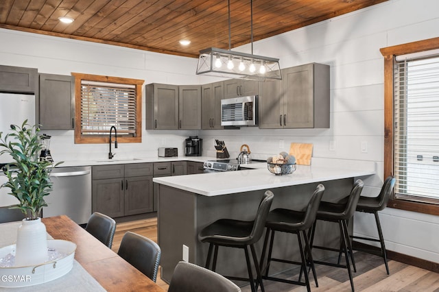 kitchen with stainless steel appliances, light countertops, a sink, wooden ceiling, and a kitchen bar