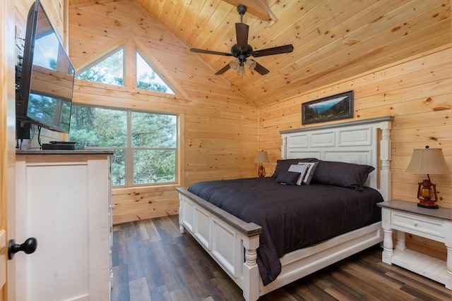 bedroom featuring dark hardwood / wood-style flooring, ceiling fan, wooden walls, high vaulted ceiling, and wooden ceiling