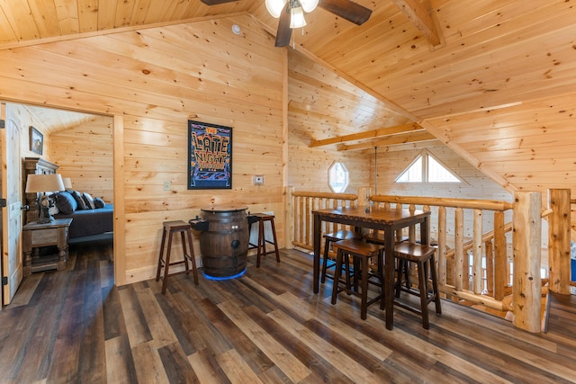 dining area with lofted ceiling with beams, dark hardwood / wood-style flooring, wood ceiling, and wooden walls