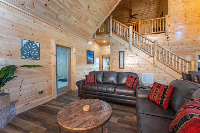 living room with dark hardwood / wood-style flooring, wooden ceiling, and wooden walls