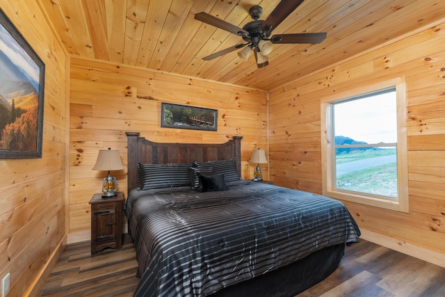 bedroom featuring wood walls, dark wood-type flooring, and wooden ceiling