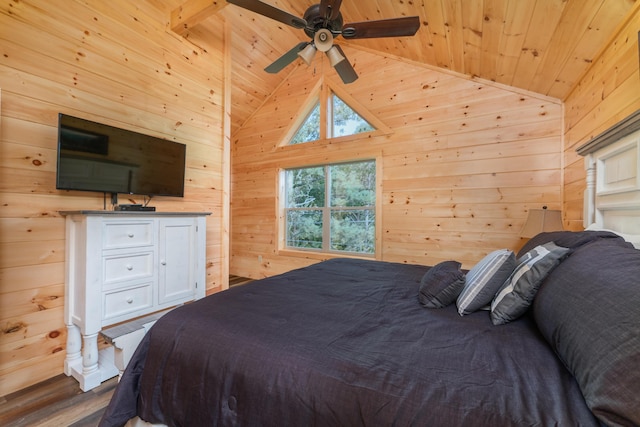 bedroom featuring ceiling fan, wooden ceiling, high vaulted ceiling, hardwood / wood-style floors, and wooden walls