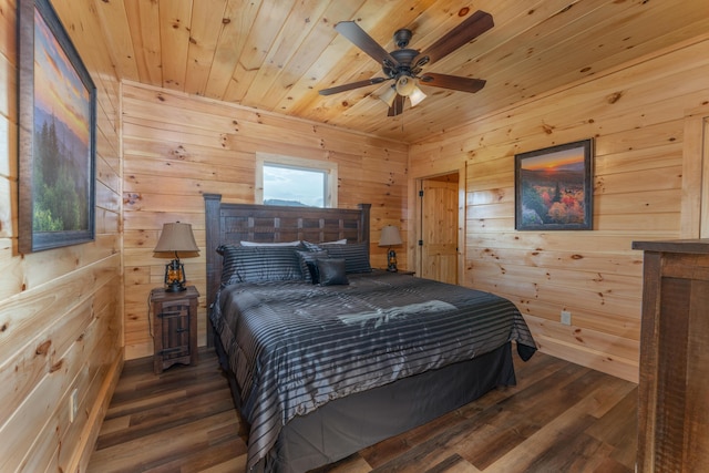 bedroom featuring hardwood / wood-style flooring, ceiling fan, wooden walls, and wood ceiling