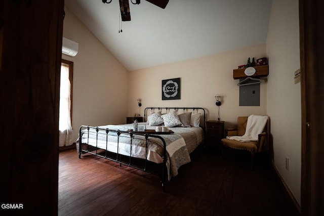 bedroom featuring ceiling fan, dark hardwood / wood-style flooring, lofted ceiling, and a wall unit AC
