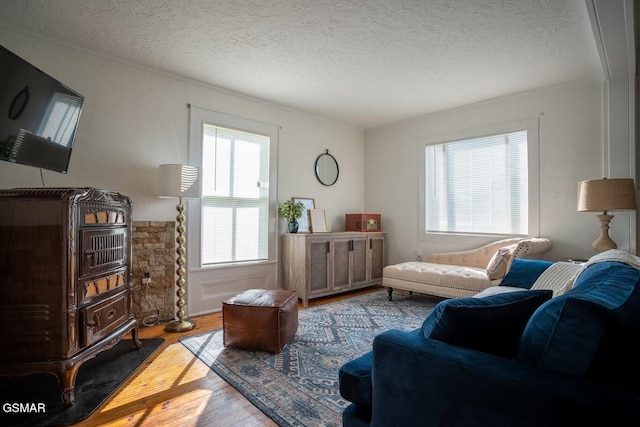 living room with light hardwood / wood-style floors and a textured ceiling