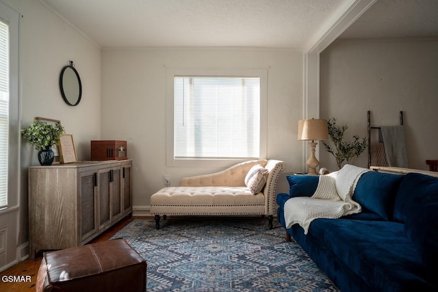 living room featuring hardwood / wood-style flooring and crown molding