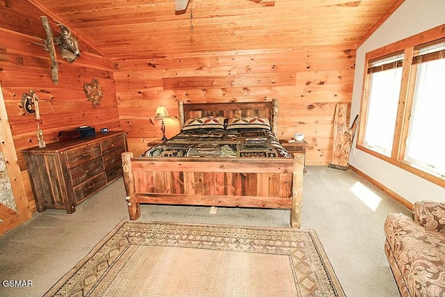 3644 Wears Mountain Ln, Sevierville, TN 37862 - bedroom with lofted ceiling, wood ceiling, carpet floors, wooden walls, and baseboards