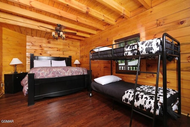 bedroom featuring wooden ceiling, wooden walls, beam ceiling, and wood finished floors