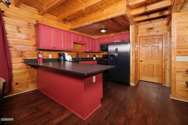 kitchen with wooden walls, dark countertops, wood ceiling, a peninsula, and black appliances