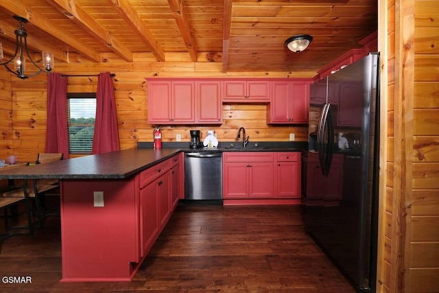 kitchen with a peninsula, black fridge with ice dispenser, wood ceiling, dishwasher, and dark countertops