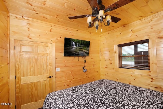 unfurnished bedroom with wooden ceiling and wooden walls