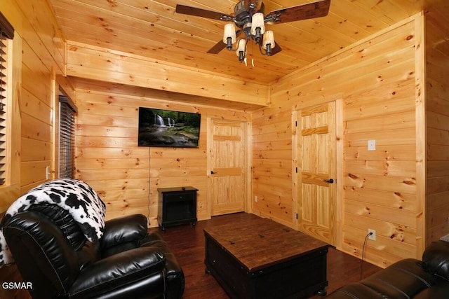 living area with ceiling fan, dark wood-style flooring, wood ceiling, and wooden walls