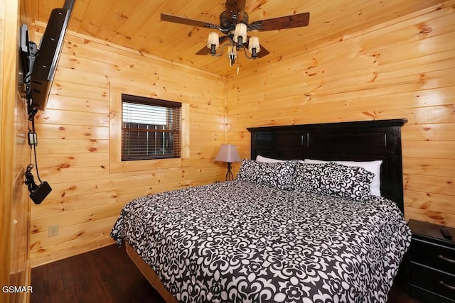 bedroom featuring wood ceiling, wood walls, and wood finished floors