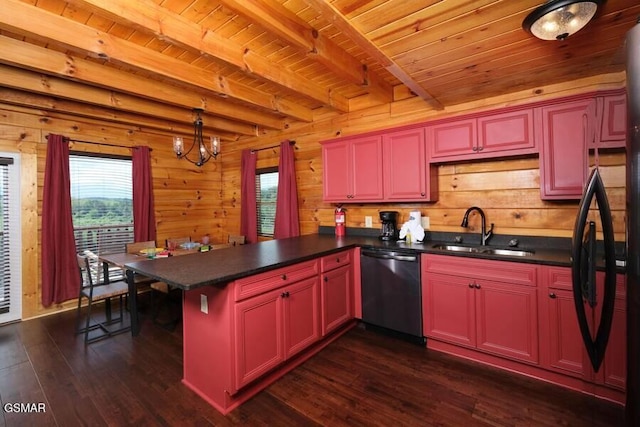 kitchen with dark countertops, stainless steel dishwasher, a sink, wooden ceiling, and a peninsula