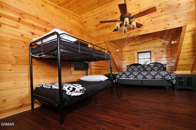 bedroom featuring lofted ceiling, wood ceiling, wooden walls, and wood finished floors