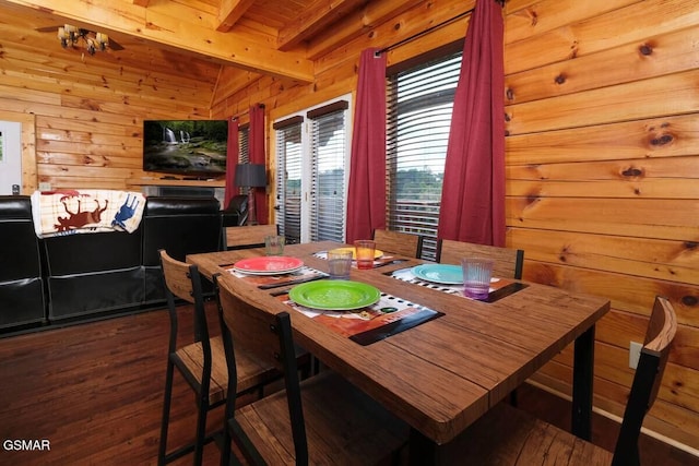 dining room with wooden ceiling, wood walls, lofted ceiling with beams, and wood finished floors