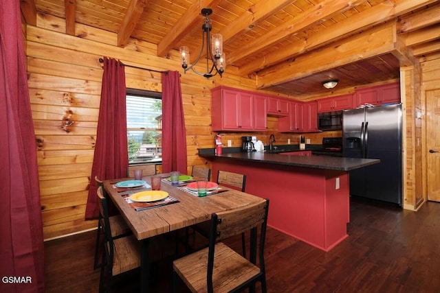 kitchen with dark countertops, a sink, wooden walls, wooden ceiling, and black appliances