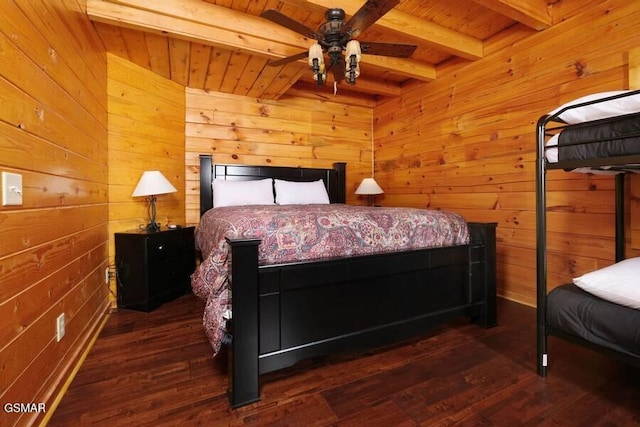 bedroom featuring wooden ceiling, wood walls, beam ceiling, and wood finished floors