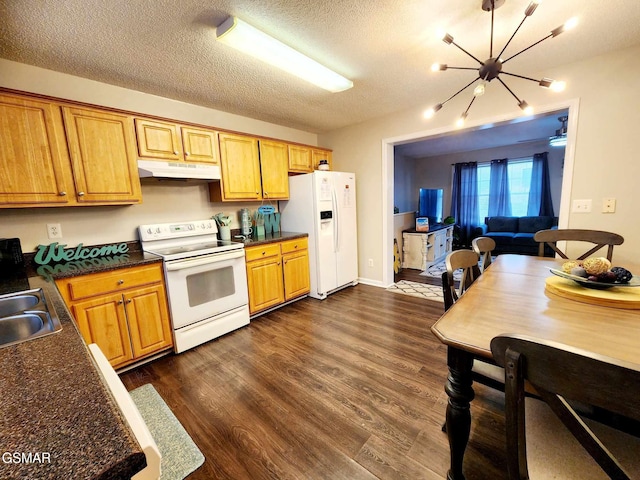2904 Boyds Creek Hwy Unit 4, Sevierville, TN 37876 - kitchen with white appliances, under cabinet range hood, a chandelier, dark countertops, and a textured ceiling