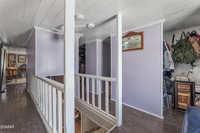 hall with wooden ceiling and hardwood / wood-style flooring