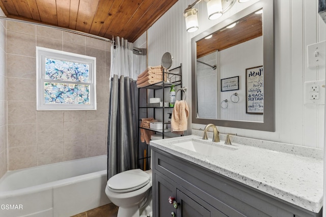 full bathroom with toilet, wood ceiling, vanity, and shower / bathtub combination with curtain