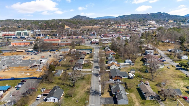 drone / aerial view featuring a mountain view