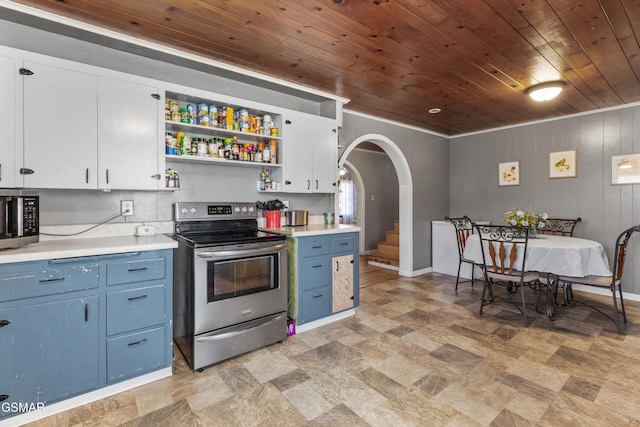 kitchen featuring blue cabinets, open shelves, stainless steel appliances, wooden ceiling, and light countertops