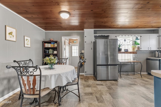 dining area with wood ceiling and baseboards