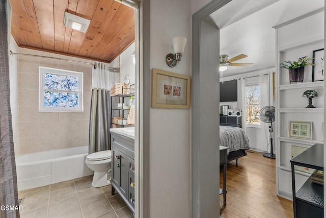 ensuite bathroom with toilet, ensuite bathroom, wood ceiling, ceiling fan, and vanity