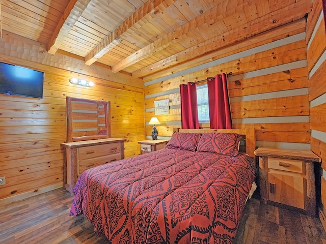 bedroom featuring beam ceiling, dark hardwood / wood-style floors, wood walls, and wood ceiling