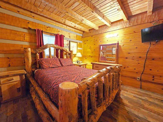 bedroom featuring wood-type flooring, beam ceiling, wooden walls, and wood ceiling