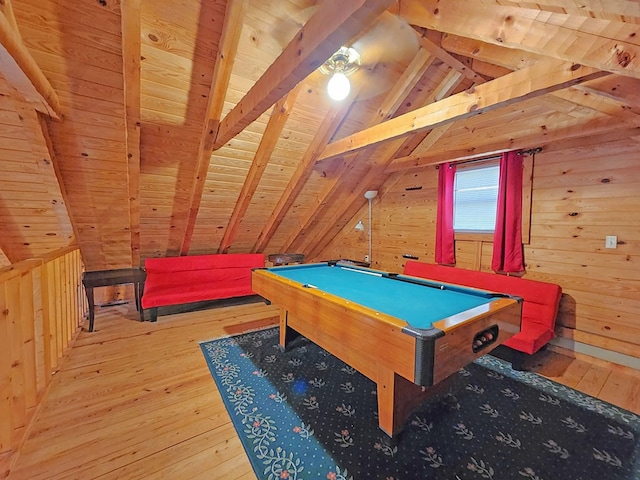 game room featuring wooden ceiling, lofted ceiling with beams, wood walls, wood-type flooring, and pool table