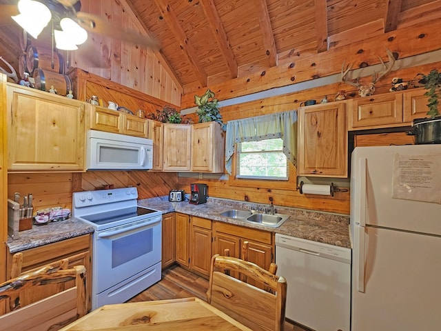 kitchen featuring wood ceiling, white appliances, wooden walls, sink, and lofted ceiling with beams