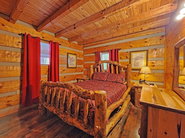 bedroom featuring wood walls, beamed ceiling, wood ceiling, and dark hardwood / wood-style floors