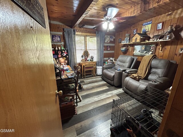 office area featuring wooden ceiling, wooden walls, hardwood / wood-style flooring, ceiling fan, and beam ceiling