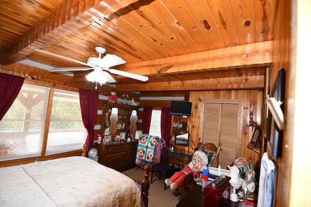 bedroom with ceiling fan, beam ceiling, wooden ceiling, and wooden walls