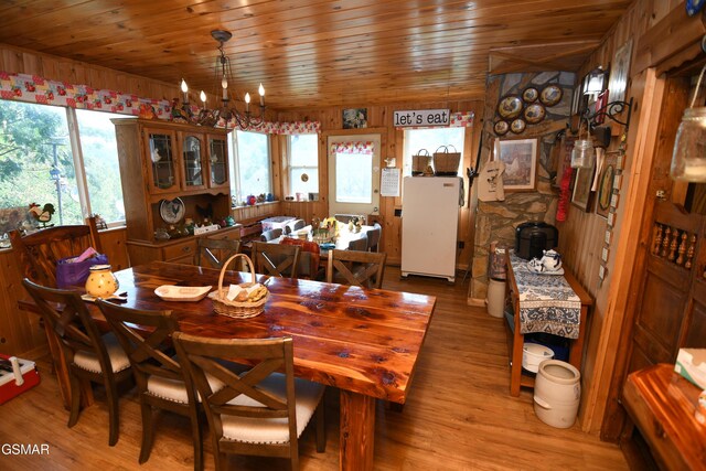 dining space featuring hardwood / wood-style floors, wood walls, wooden ceiling, and a chandelier